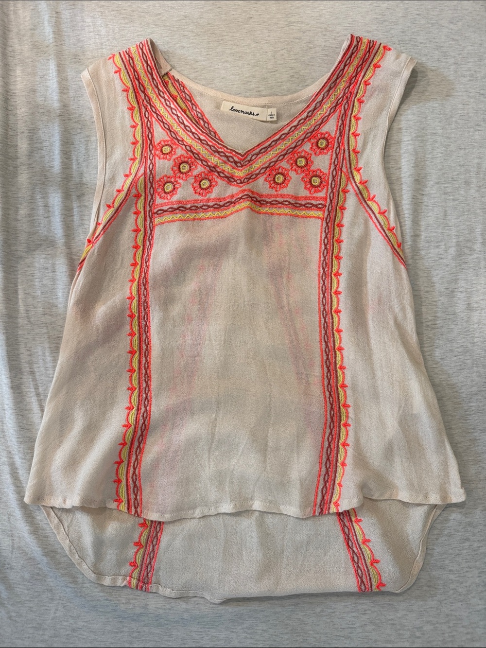 Loveappella Sleeveless Embroidered V-Neck Top in Cream with Neon Accents